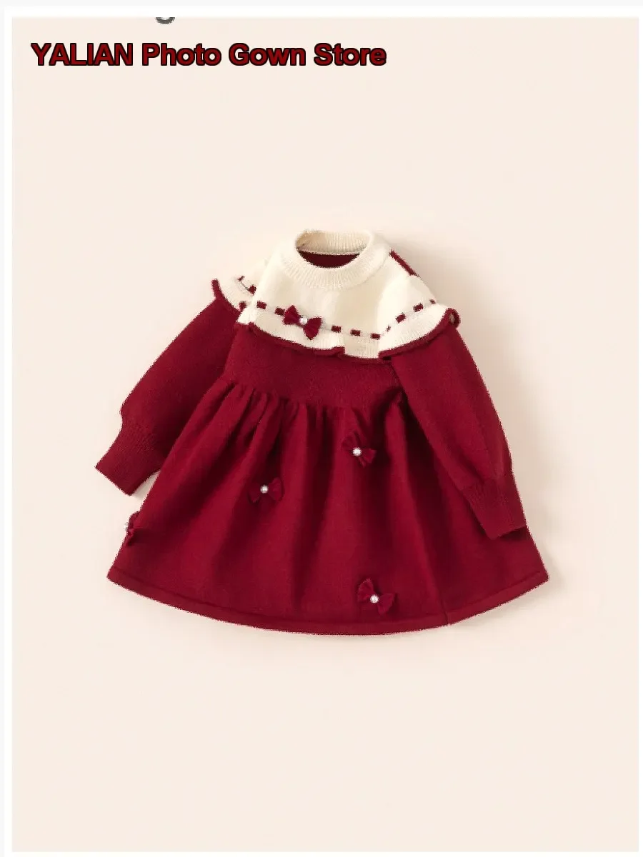 Girls Dress Kids Winter Festive New Year Thickened Warm Solid Color Elegant