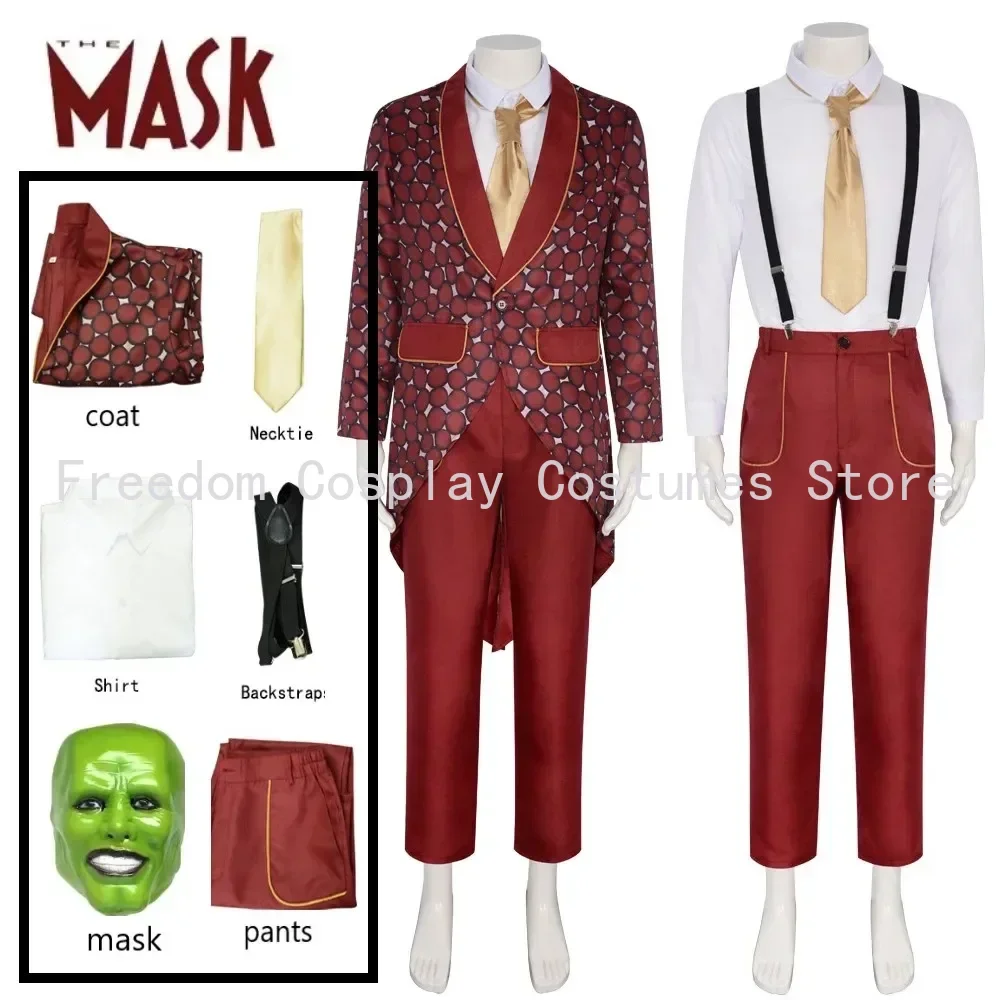 

Movie The Mask Jim Carrey Cosplay Costumes Set Unisex Adult Stanley TOP pants Mask red Uniform Halloween Carnival Party Costume