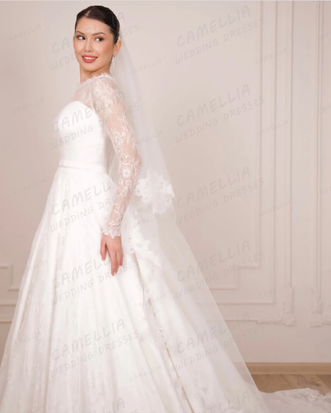 Robe De mariée trapèze élégante style Boho, en dentelle, manches longues, col haut, en Tulle, personnalisée, pour femmes