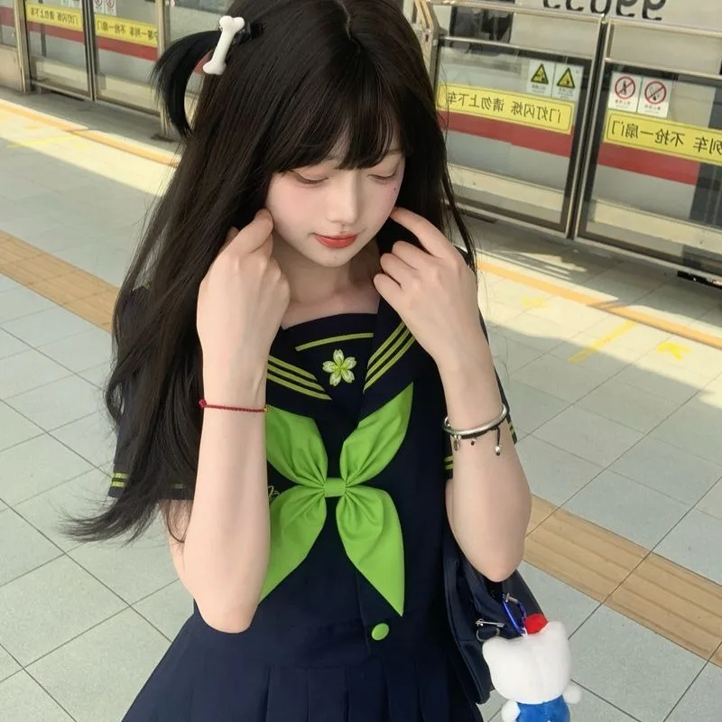 JK uniform sailor suit genuine Japanese college style basic student short-sleeved suit Cyan cute role play summer Cyan