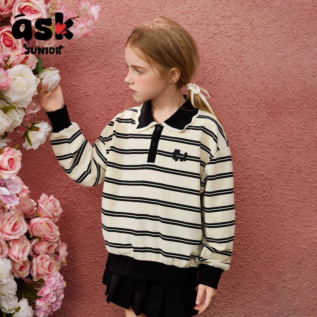 

Ask Junior Sweater Spring Stripe Polo Collar Big Kids Top Girls Half Cardigan Teen