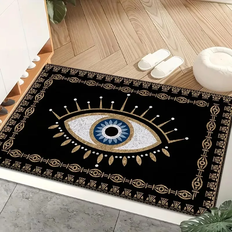 Fun Welcome Door Mat  Greek Welcome Phrase with Blue Eye Pattern, Non-Slip Bath Mat for Living Room, ,Kitchen, Home Decor