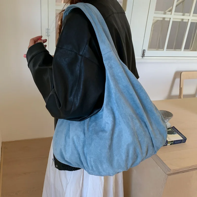 Retro Large Capacity Suede Tote Bag for Women Simple Solid Color Ladies Velvet Shoulder Bags Versatile Portable Female Handbags