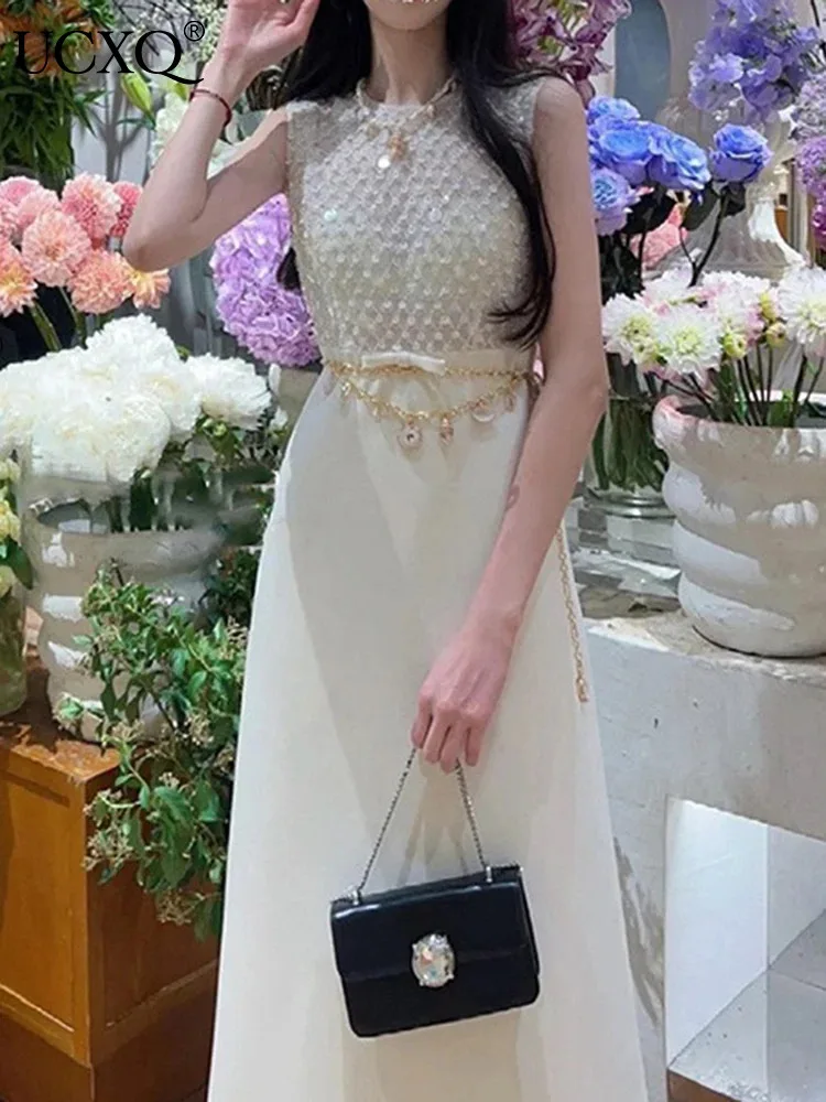 

UCXQ Fashion Party Dress Fairy Style Sequin Patchwork Bow Sleeveless A-line Elegant Long Dresses Women 2024 Spring Summer 9254