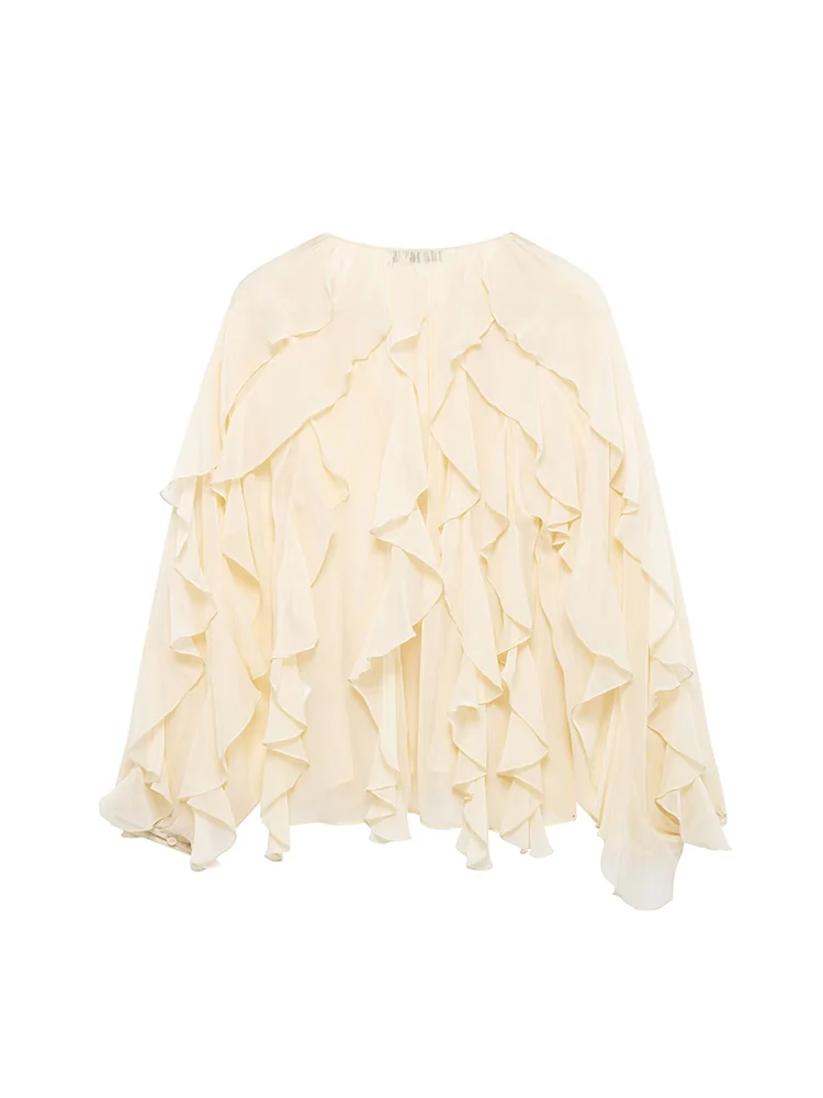 KUCLUT Camicetta monopetto con volant tinta unita moda donna Camicie da donna chic con scollo a V vintage a maniche lunghe