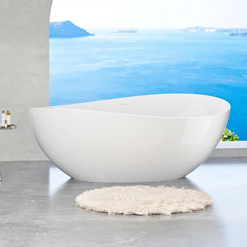 

63" Freestanding Soaking Bathtub, Luxury Engineered Stone Resin, Overflow, Pop-up Drain, Glossy White Finish for Modern