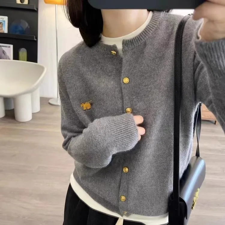 

Merino 100% Wool Women's Round Neck Cardigan Autumn Winter Basic Style Simple Casual Fashionable Button Knitted Cashmere Sweater