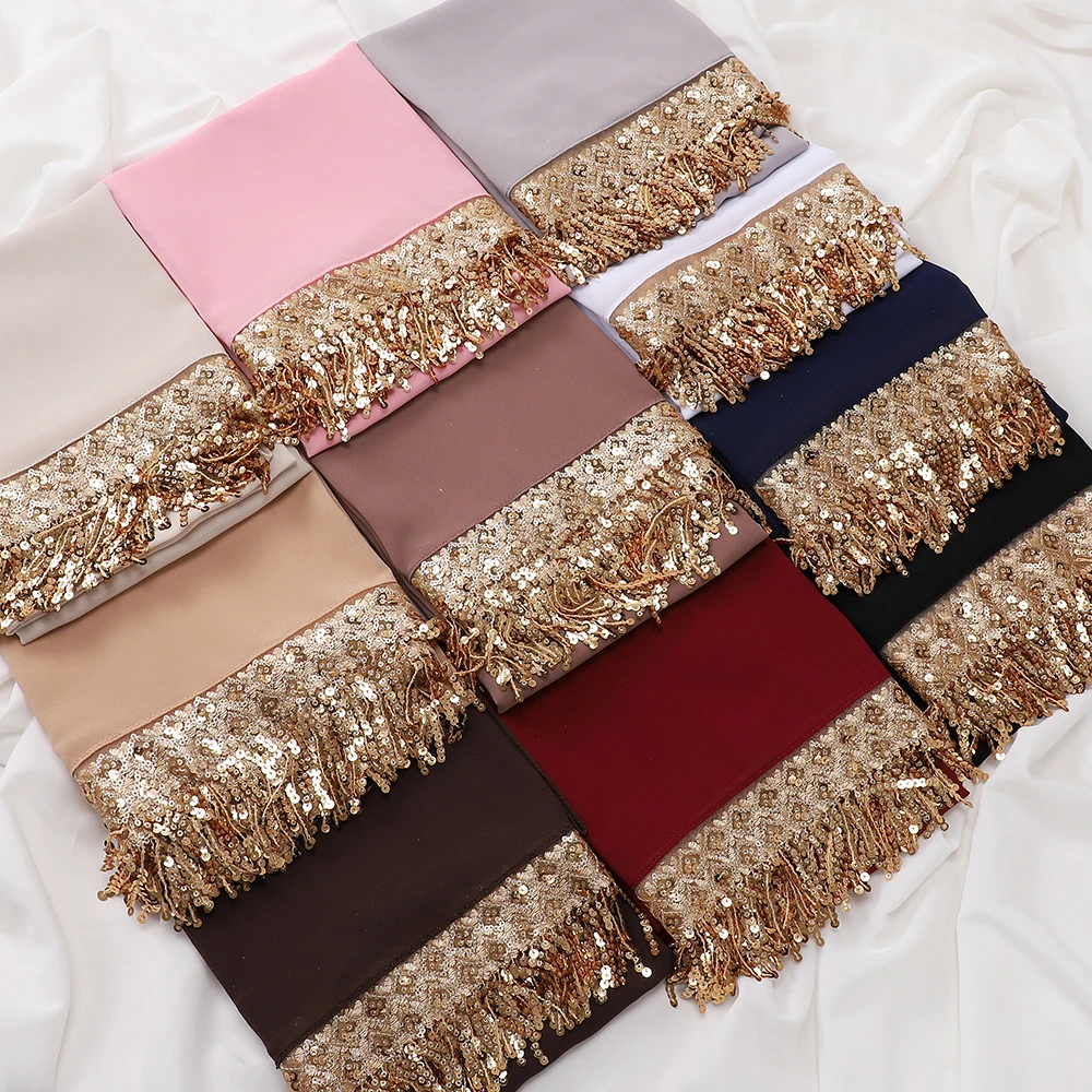 Neuer Pailletten-Quasten-Hijab Luxuriöse Chiffon-Schals Muslimischer Hijab Schlichte Lange Schals Damen Kopftuch Stirnband – Detail 5