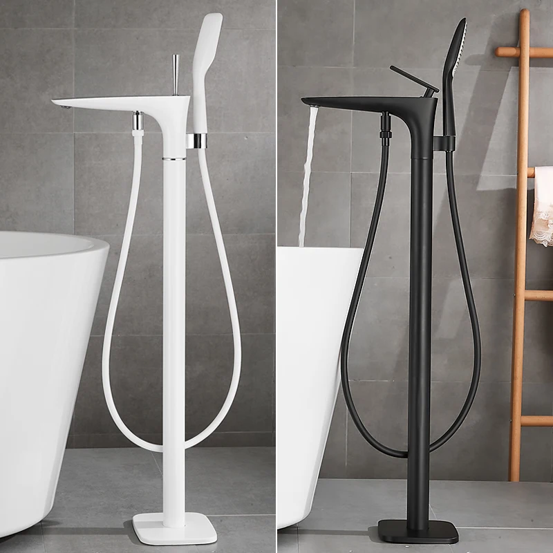 Black floor to floor bathtub faucet, all copper, cold and hot, vertical independent wooden bucket column, basin edge