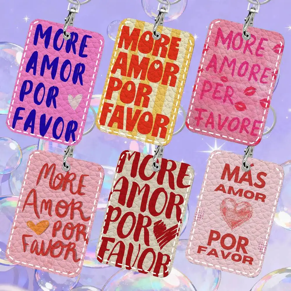 More Amor Por Favor Card Case Keychain Access Card Bag Key Tag Ring Leather Card Holder Key Ring Access