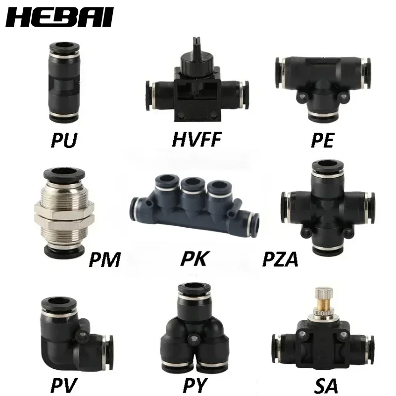 HEBAI Black Pneumatic Fittings Pipe Connector Tube Air Quick Fittings 3/4/5/6/8/10/12/14/16mm PU PY PK PE PV SA HVFF PZA PM PP