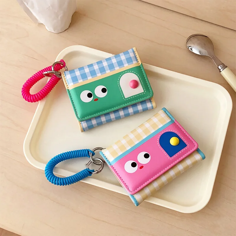 Cute Cartoon Card Holder, Sweet Plaid Multi-slot ID Wallet with Portable Spring Lanyard, Student Coin Purse