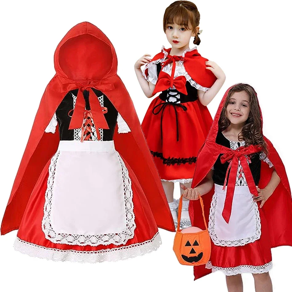 

Girl Halloween Cosplay 2PCS Little Red Riding Hood Dress With Cloak Kids Lace Flower Party Stage Show Clothing Set