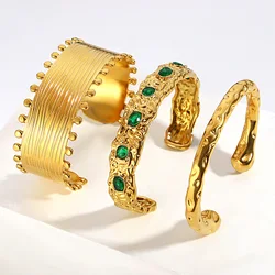 Irregular Geometric Textured Gold Plated Stainless Steel Cuff Bracelet Chunky Vintage Green Stone Open Bangle Waterproof Jewelry