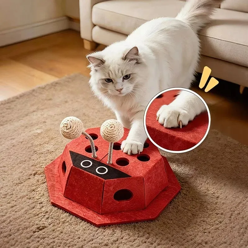 Ladybug Shape Felt Cat Puzzle Toy Multi-Hole Hide Seek Toys with Sisal Ball Bell Kitten Interactive Training Toy Pets Supplies