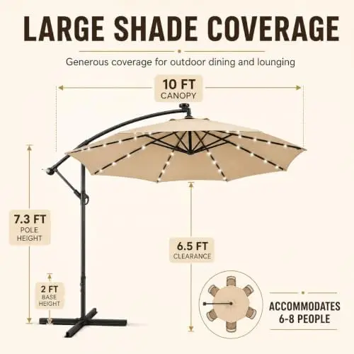 10FT Solar Patio Offset Umbrella w/32 LED Lights Handy Crank, Tan | 8 Ribs UV Protection Outdoor Cantilever Hanging