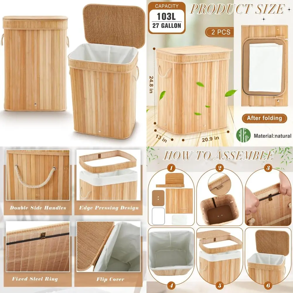 

Large Foldable Bamboo Trash Can with Lid - 27 Gallon Slim Rectangular Waste Basket for Bathroom and Bedroom Use