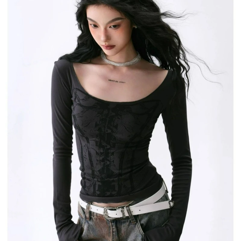 

2026 Spring Autumn New Fashionable Spicy Girl Fit Thin Long Sleeved T-shirt Short Top Tie Dye Big Neckline Base Shirt for Women