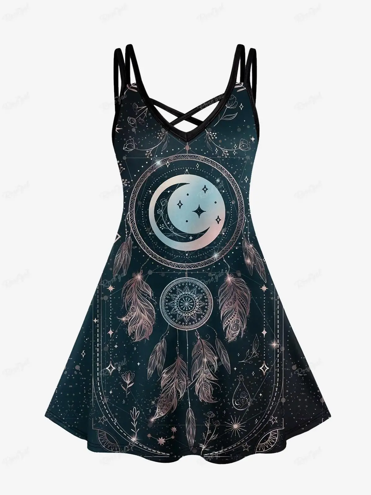ROSEGAL Plus Size Gothic Crisscross Cami-jurk, Dreamcatcher Graphic, Moon-en Star Print, Casual jurken Grafische feestjes - afbeelding 2