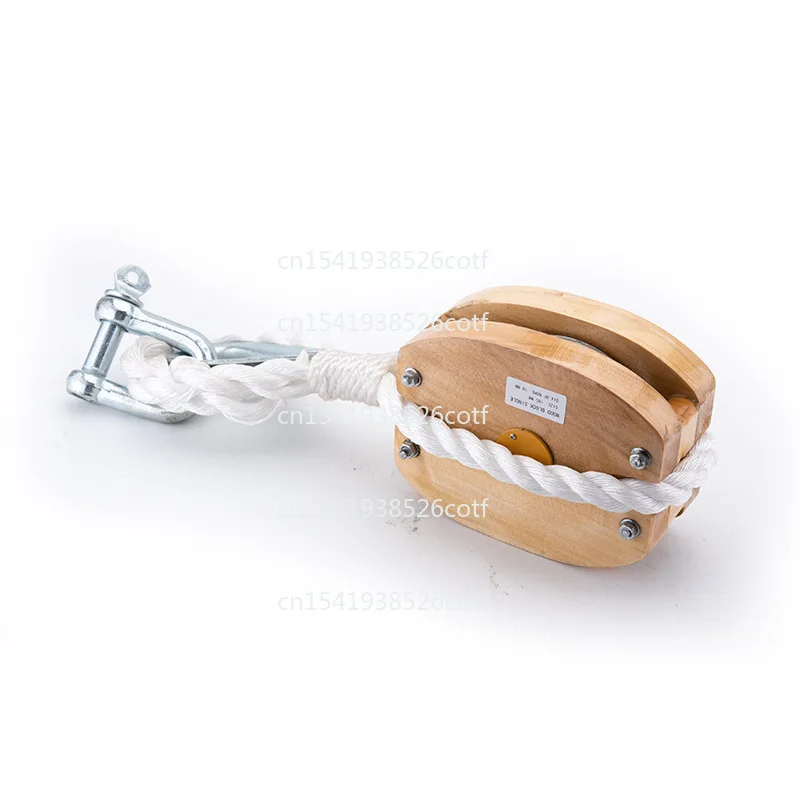 Single-wheel and double-wheel nylon rope locking pulleys, shackle cable with wooden pulley Lifting pulley Marine