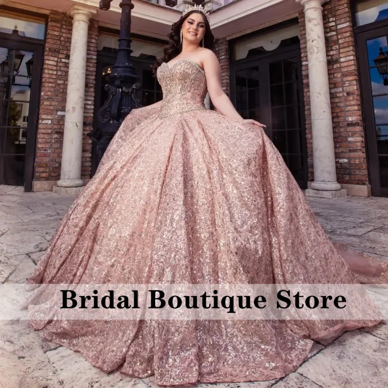 Sparkly Rose Gold Princess Quinceanera Dresses With Bow Ball Gown Crystals Beads Sweet 15th Dress Prom Lace-Up Gowns Customized