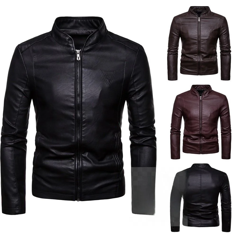 

Мужская модная куртка с высоким воротником-стойкой, осенне-зимнее пальто из искусственной кожи с длинными рукавами, без бренда, зарегистрированный товарный знак