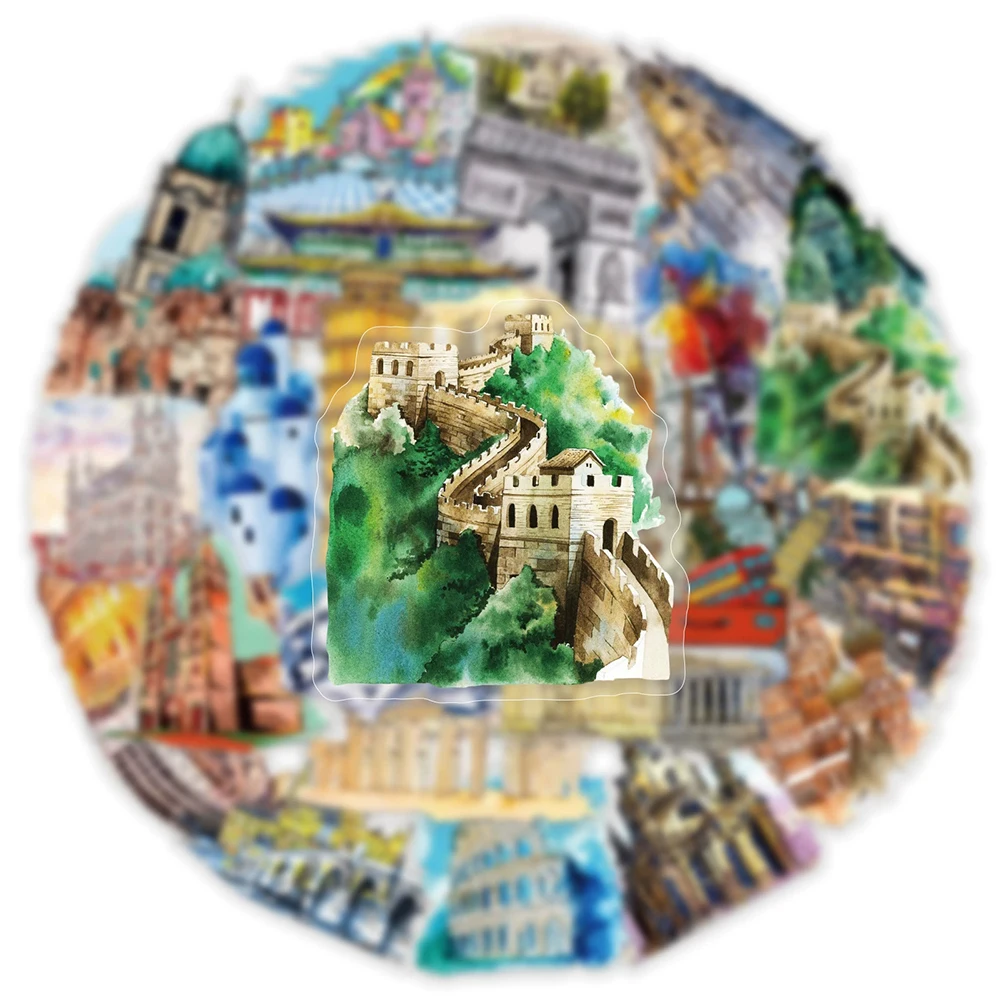 

10/30/50pcs Transparent World Travel Landmark Stickers Cool City Scenery Building Decals DIY Notebook Suitcase Bike Sticker Pack