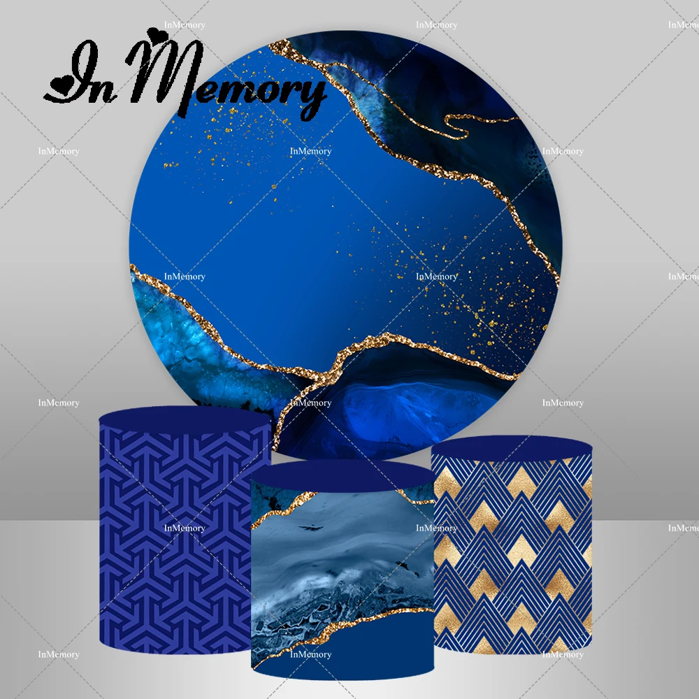 Gold Royal Blue Marble Style Round Arch Backdrop Cover for Adult Birthday Party Plinth Covers Wedding Rectangle Backgrounds