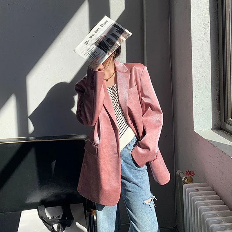 Korean Pink Croc-print Faux Pu Leather Women Casual Suit Jackets Loose Long Sleeve Autumn Female Blazers Jacket Coat Streetwear