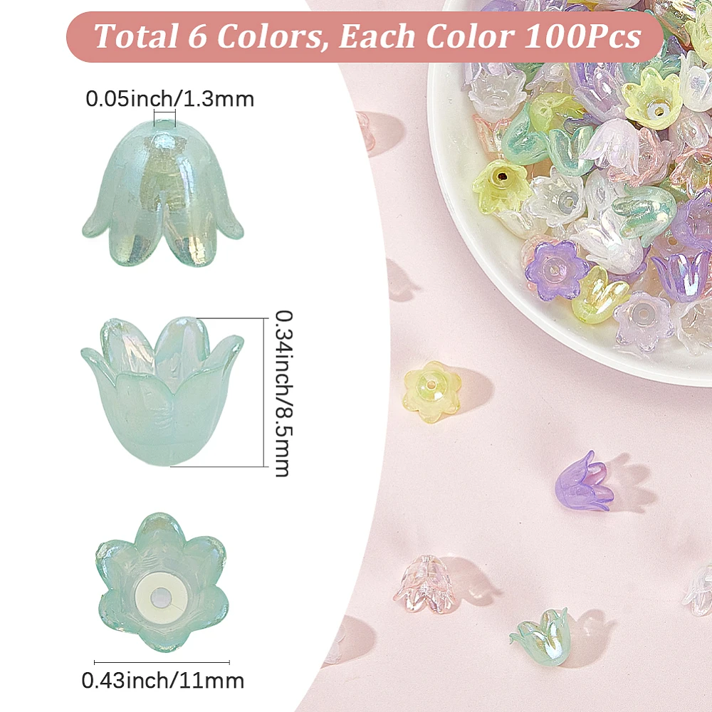 6 Colors 600Pcs Acrylic Flower Bead Caps Spacer Beads Caps Bulk Loose Plastic Tulip Lily Bell Floral Spacers