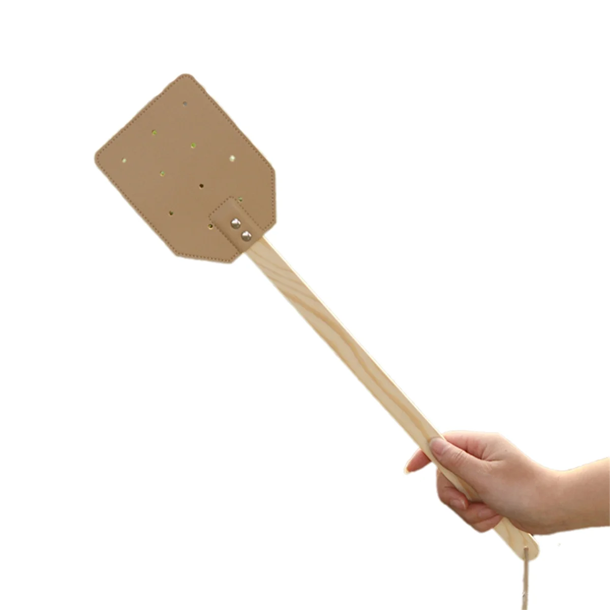 Yellow Wooden Stick Handle Mosquito Swatter Manual Fly Swatter PU Leather Mosquito Swatter