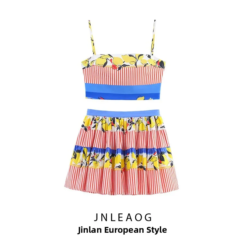 

JNLEAOG, осенний новый женский модный комплект, топ с принтом лимона, юбка в европейском стиле, летняя коллекция, универсальный женский наряд