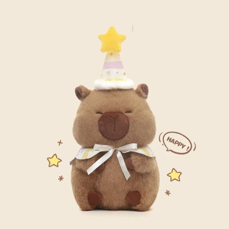 Cute Capybara Plush Toys Quishy Stuffed Animal Doll with Party Hat and Cape Fluffy Plushie for Kids and Adults Birthday Gift