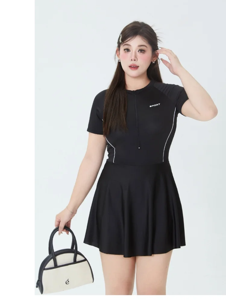Plus Size Women Sport One Piece Swimsuit Short Sleeve Zipper Skirted Swimwear Summer Beach Bathing Suit For Curvy Ladies