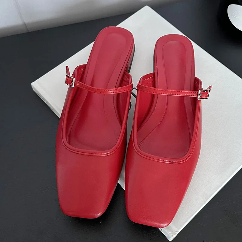 New Red Footwear Flats Slippers Mules Shoes For Women Female Designer Fashion Square Toe Ladies Flats Slippers Sandals Shoes