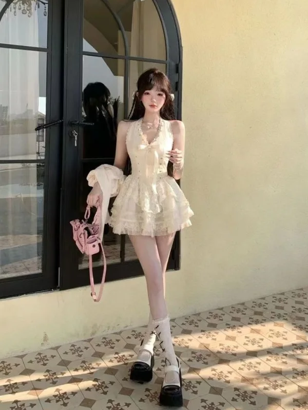

Pure Desire Sexy Lace Two-Piece Set Spring Summer First Love Open Cardigan Sleeveless Puffy Dress Fashionable Women's Ensemble