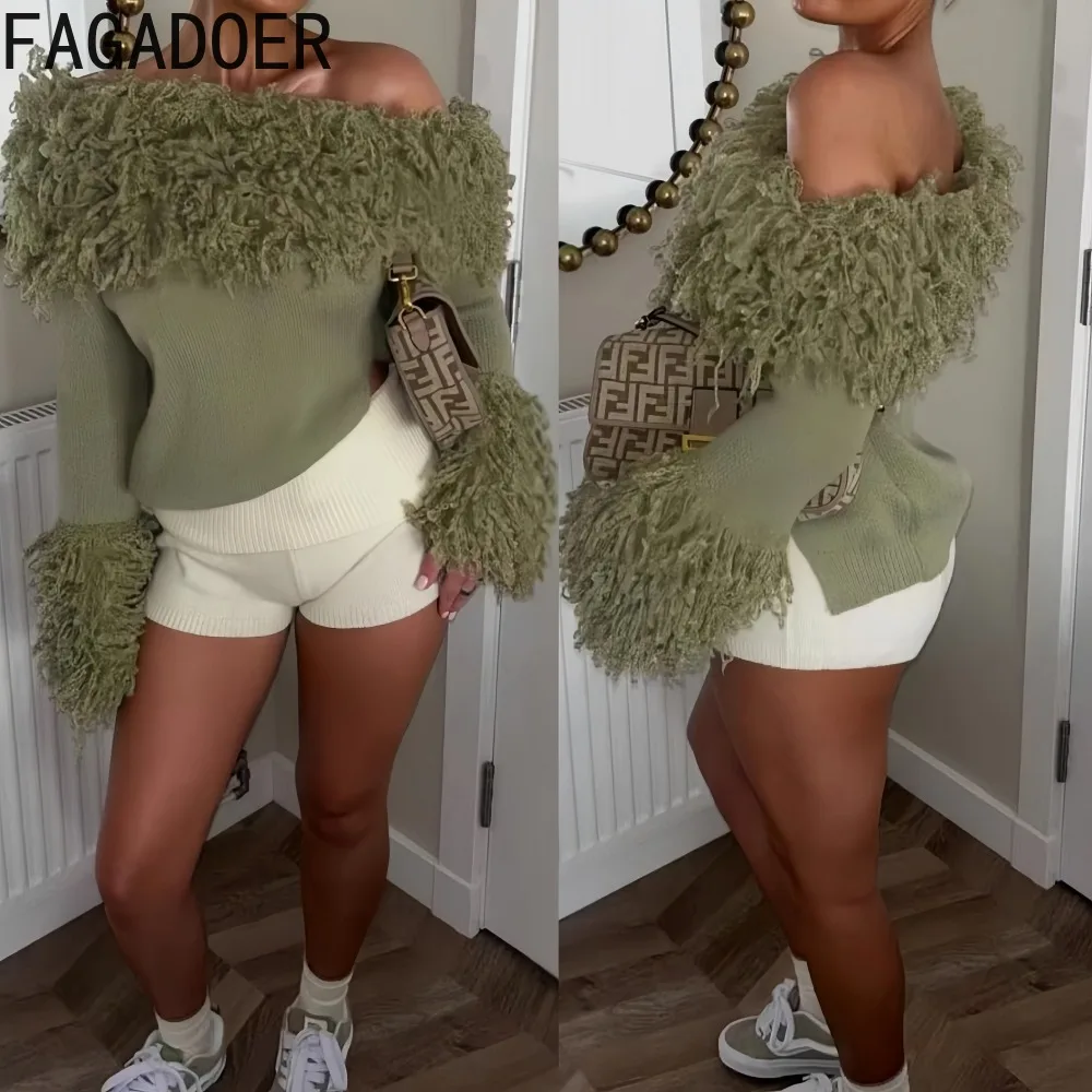 

FAGADOER Winter New Sexy Knitting Tassel Patchwork Bodycon Pullover Woman Off Showlder Long Sleeves Crop Top Female Streetwear