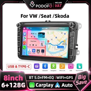 Reproductor Multimedia para Auto Podofo de 8 Pulgadas 2 Din 6+128G/2+64G para Seat Altea/Toledo/Leon VW Golf/Passta/Jatta/Bora/Scirocco Skoda Fabia/Yeti/Roomster/Praktic Compatible con Cámara de Reversa/Asistente de Voz con IA GPS Carplay Android Auto Mirror Link Radio Estéreo para Auto 1