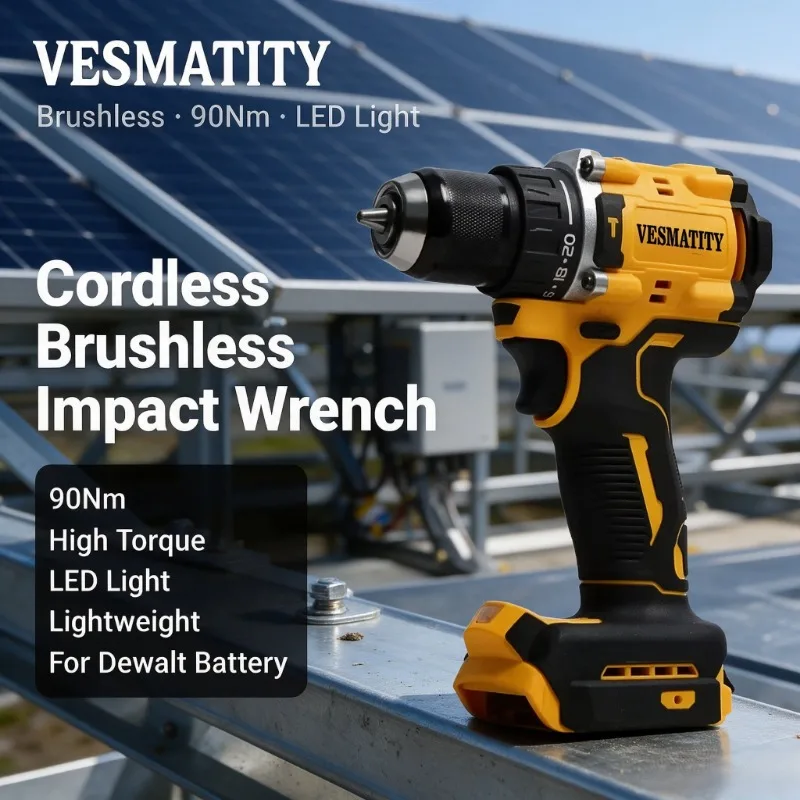 VESMATITY Electric Cordless Brushless Impact Wrench High Torque 90Nm LED Light Lightweight Power Tool For Dewalt Battery