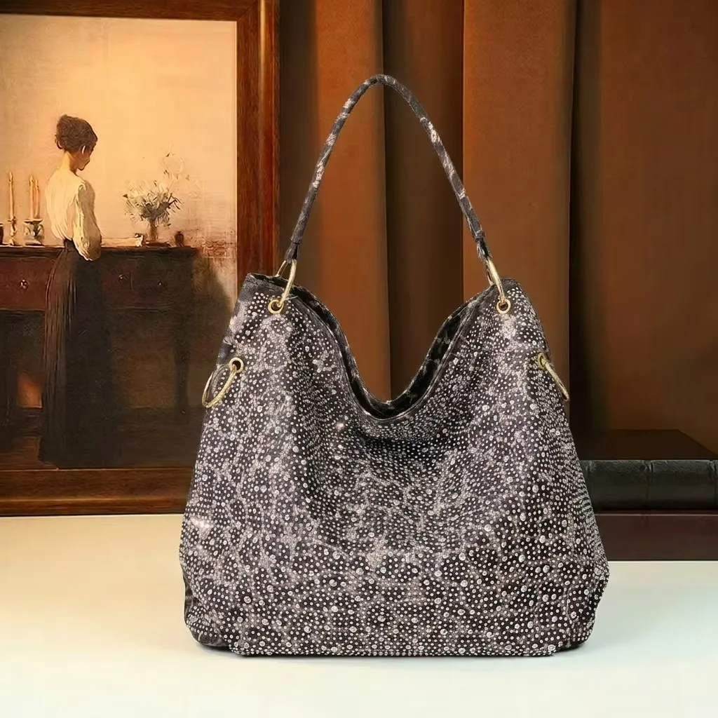 Sparkly Sequin Leopard Hobo Shoulder Bag for Women, Crystal Underarm Purse with Rhinestone, Luxury Evening Party Clutch Y2K