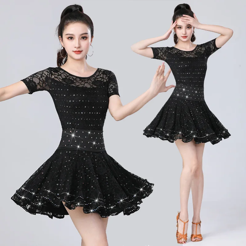 

Новый модный облегающий костюм для латинских танцев и бальных танцев, кружевной комплект для взрослых и женщин, тренировочная одежда, наряд для бальных танцев