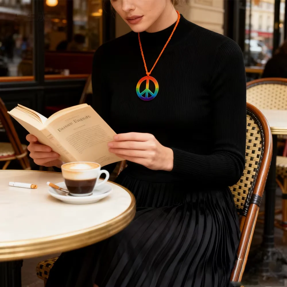 PESENAR 1960s estilo arco-íris sinal de paz colar em cordão laranja para retrô vintage hippie fantasia acessório de festa