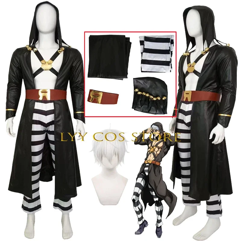 Anime Cosplay JoJo's Bizarre Adventure: Golden Wind Black Risotto Wig Uniform Hooded Trench Pants Halloween Party Outfit for Men