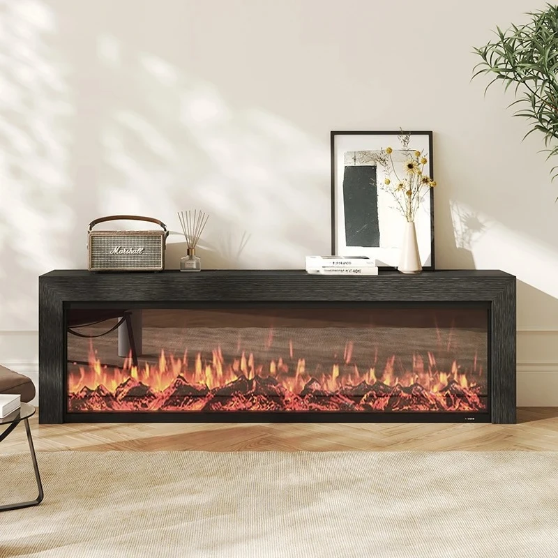 

Light luxury fireplace TV cabinet black oak French simple cabinet European simulation fire