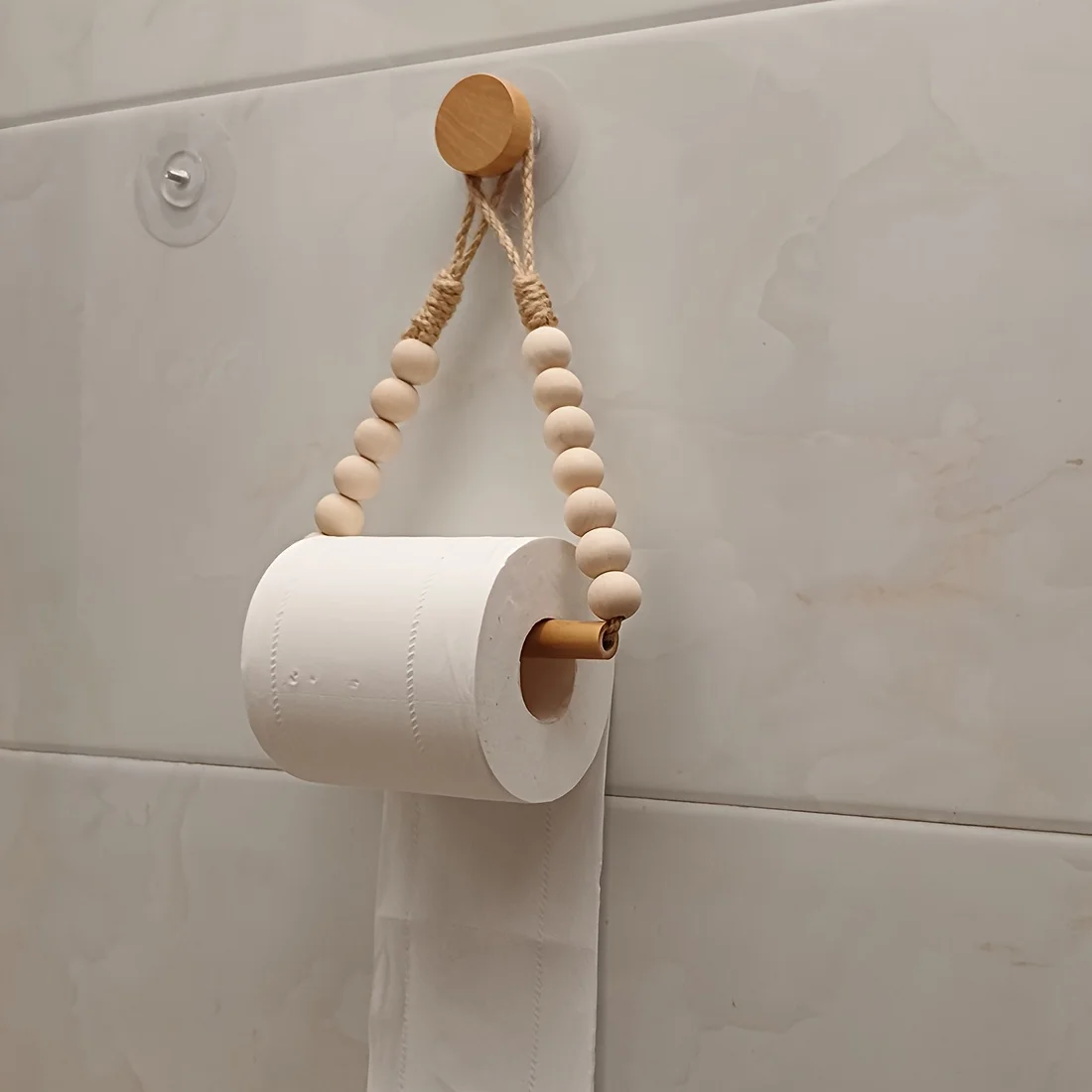 

[Rustic Roll Paper Rack] Rustic Punch-Free Roll Paper Storage Rack | Hemp Rope & Wooden Balls | Adhesive Toilet Paper Holder