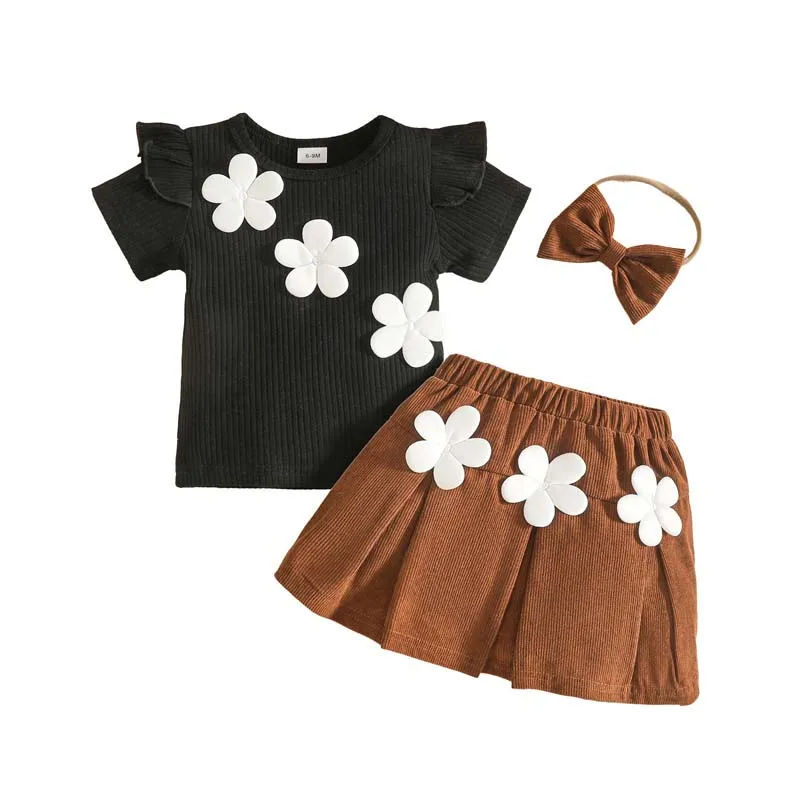 3Pcs Baby Girl Outfit Set 3D Flower Ruffle Short Sleeve Ribbed Top Corduroy Skirt Bow Headband Toddler Girl Summer Clothes 1-3Y