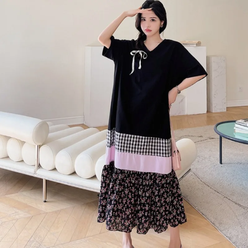 

Новое летнее модное женское платье в корейском стиле, длинное свободное шитье, подходящее по цвету плиссированное платье, женское платье с v-образным вырезом и короткими рукавами