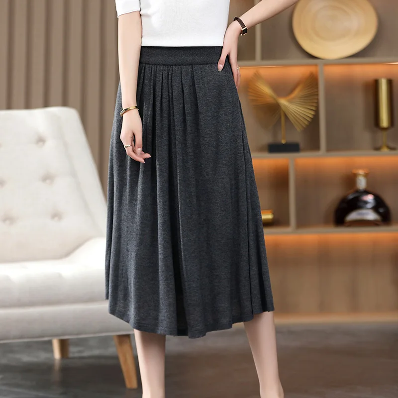 Women's Spring/Summer Dress Fine Imitation Wool Thin Elastic Waist Half-length Dress With Pockets High End Vintage Long Dress