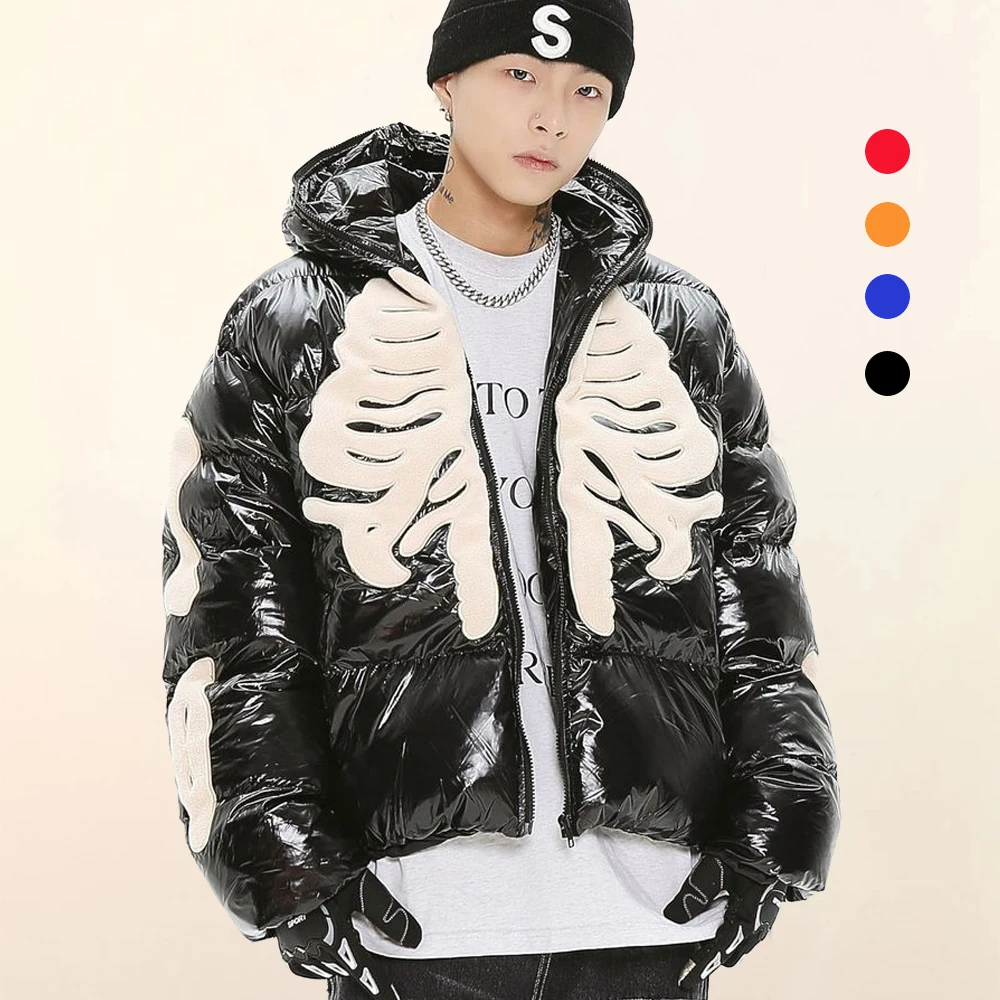 Hooded PU Puffer Jacket Men Winter Rib Skeleton Patch Parkas Hip Hop Thick Warm Cotton Padded Quilted Jackets Waterproof Coats