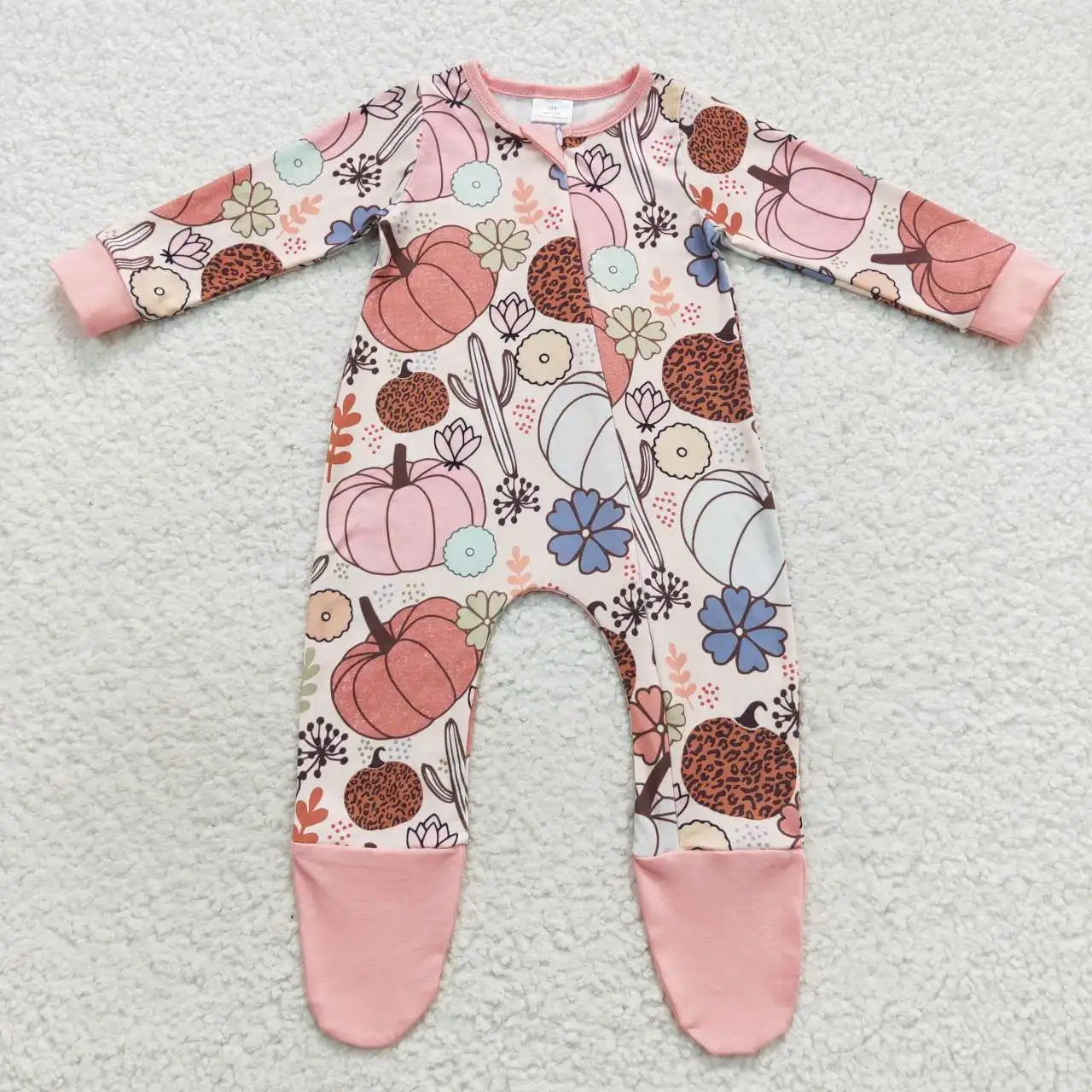 

Baby girls romper wholesale pumpkin cactus flowers beige pink zipper long sleeve bodysuit